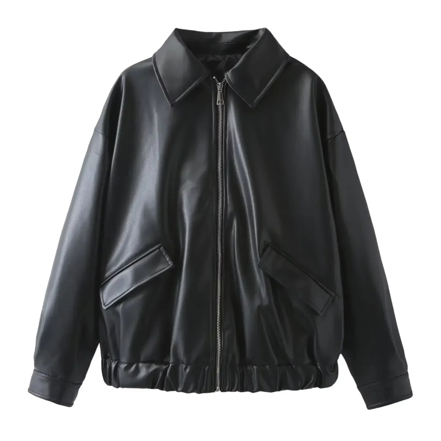 Women's new fashion flap pocket decoration casual black Lapel Faux Leather jacket coat retro long sleeved women's coat chic top