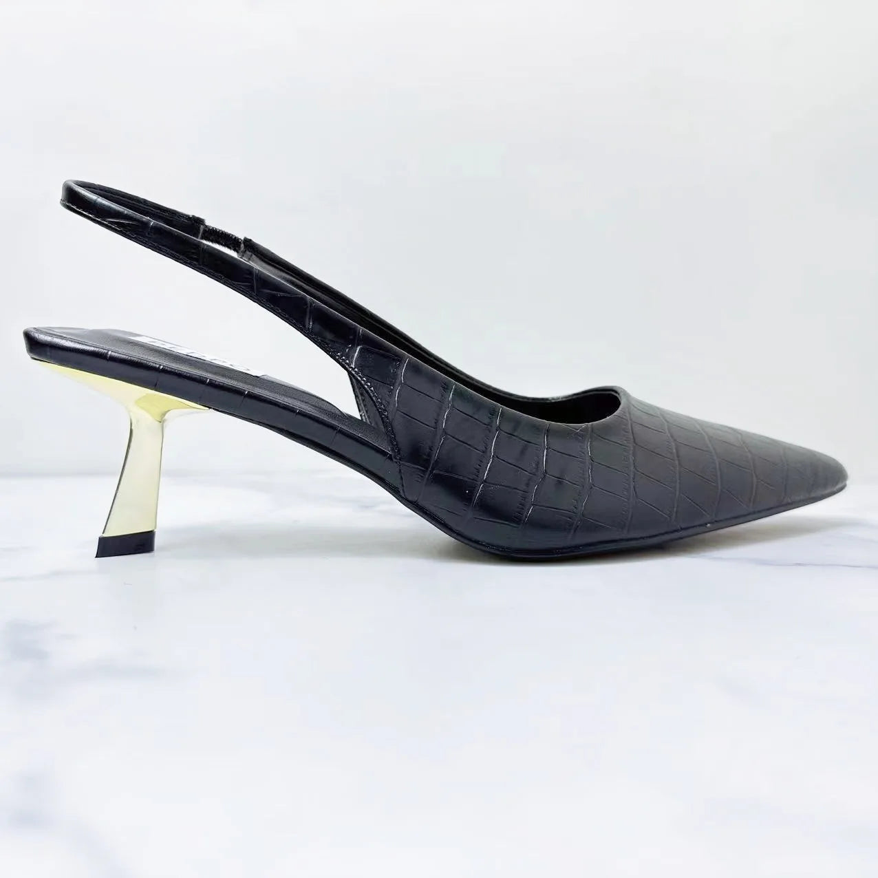 New 2024 Women's Shoes, Fashionable High Heels, Black Metal Heel and Pointed Stone Sandals, Women. 