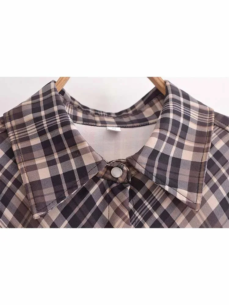 Women's new fashion flap pocket decoration casual slim Lapel plaid MIDI dress retro long sleeved button up women's dress 