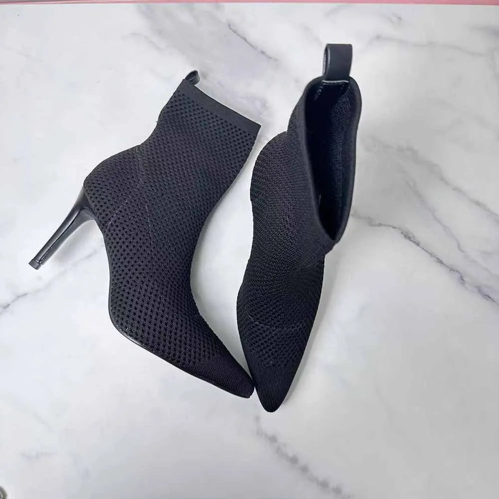 New 2024 Women's Shoes Pointy Joker Elegant Knitted Fabric Breathable Hollow Stiletto Short Women's Boots.