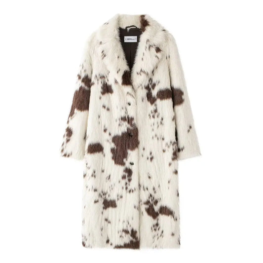 Women's winter fashion faux fur effect loose long style print lapel coat retro long sleeved button up women's coat chic top