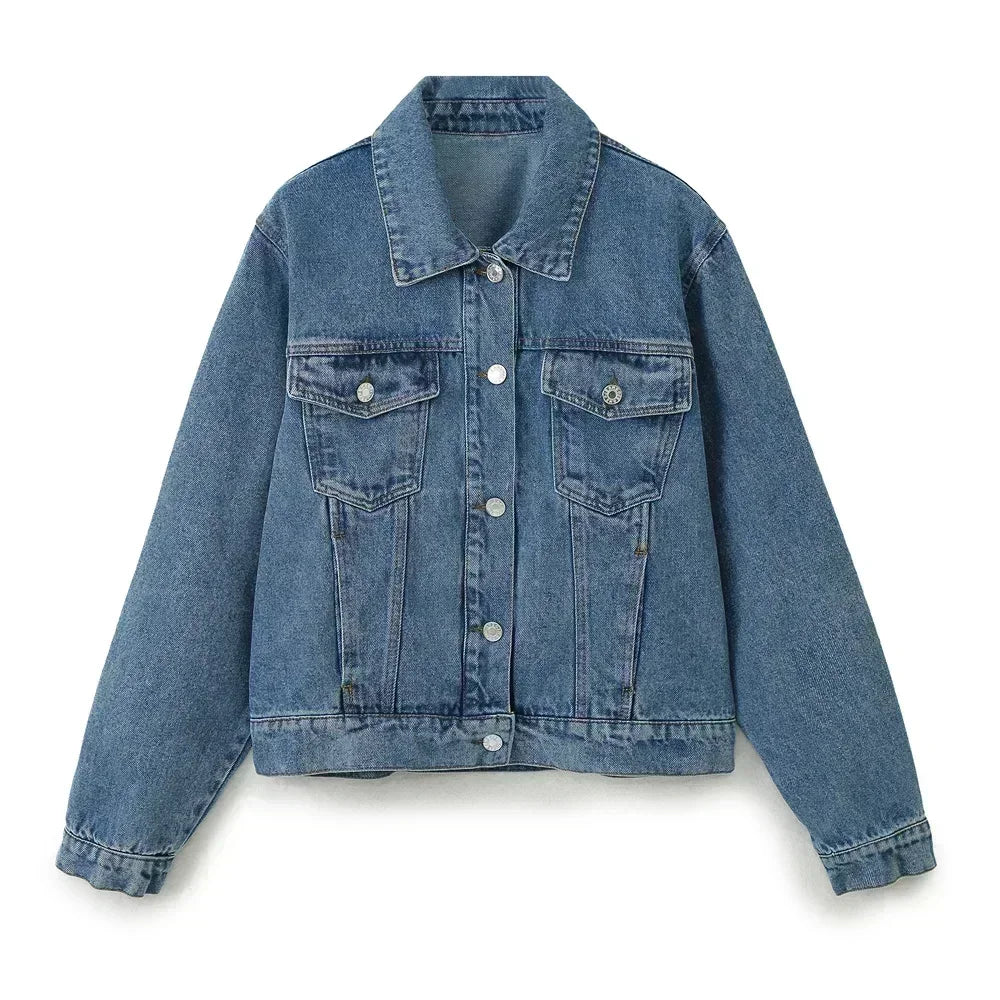 Women's new Fashion pocket decoration short casual versatile denim jacket coat retro long sleeved buttoned women's coat