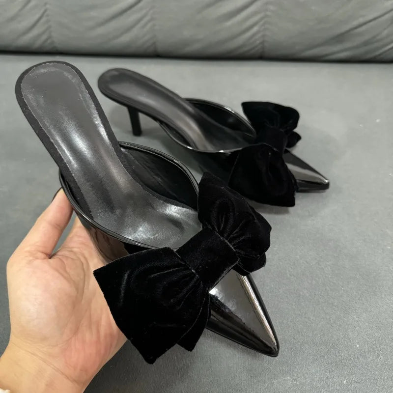 New 2024 Summer Pointed Bow Decorated With Satin Spliced With Shallow Mouth and Bare Heel Fashion Sandals