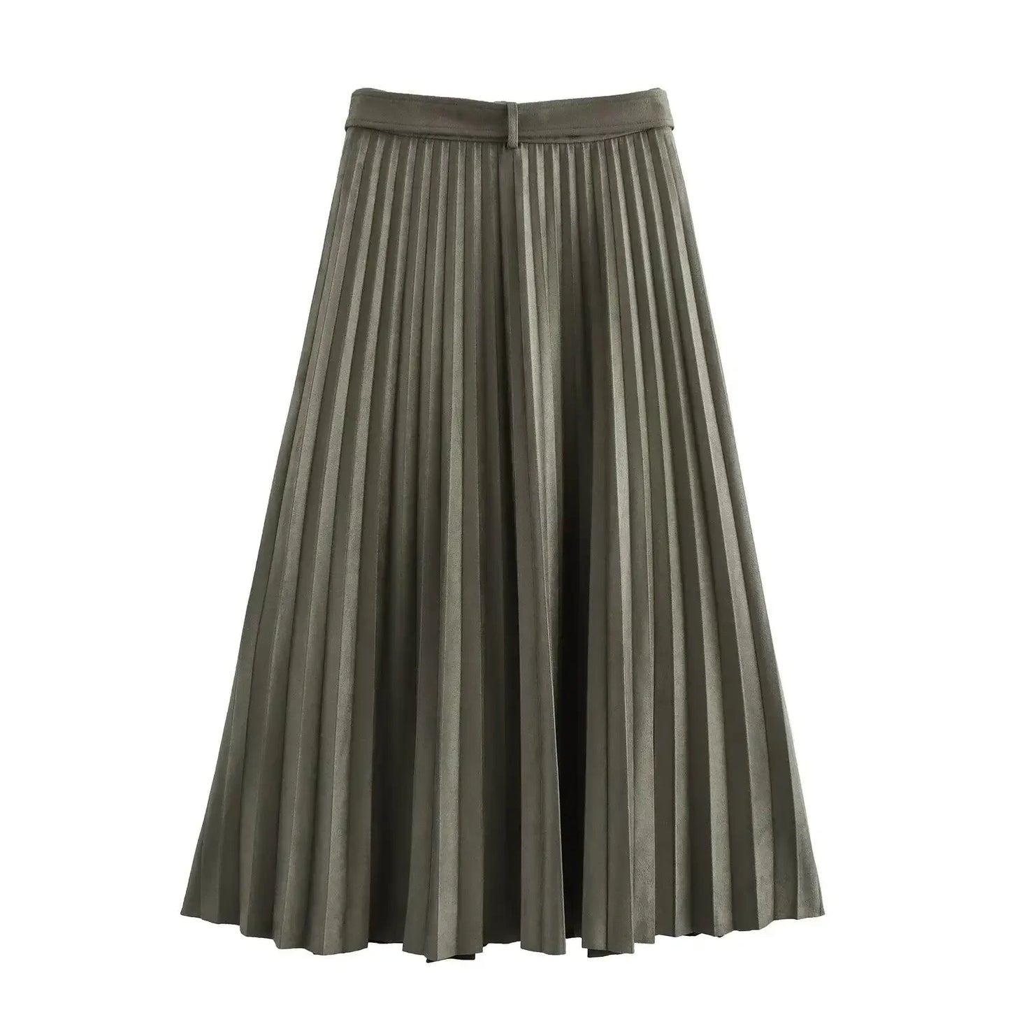 Women's new fashion Belt decoration suede effect casual versatile pleated MIDI skirt retro high waisted zipper women's skirt