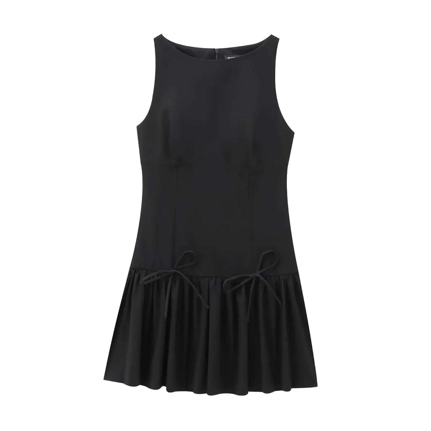 Women's new fashion bow decoration slim O-Neck wide pleated mini dress retro sleeveless back zipper women's dress Mujer