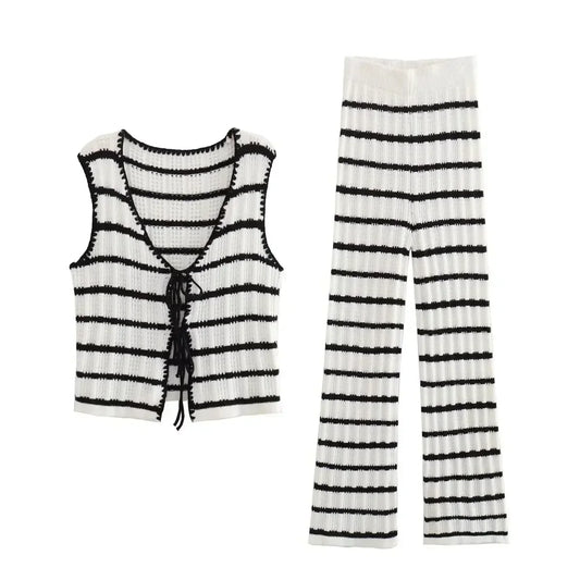 Women's 2024 new fashion slim short V Neck Crochet knitting striped vest top retro sleeveless lace up women's vest chic top