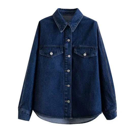 Women's new fashion Flip decoration loose single breasted asymmetrical denim shirt retro long sleeved women's shirt chic top