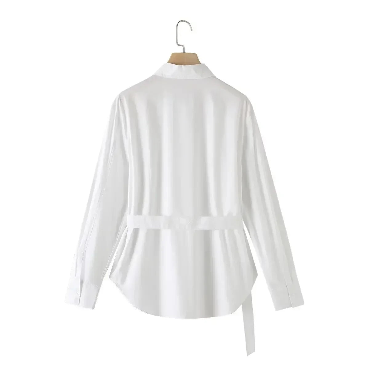 Women's new fashion belt decoration loose single breasted lapel cotton poplin shirt retro long sleeved women's shirt chic top