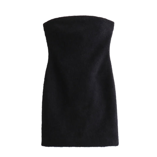 Women's new fashion faux fur effect black slim backless strapless mini dress retro sleeveless back zipper women's dress Mujer 