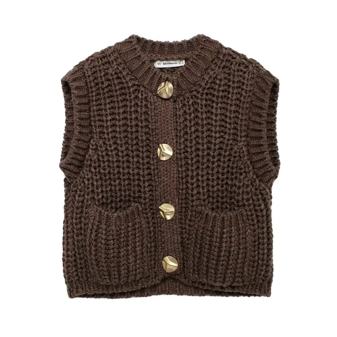 Women's new fashion gold button decoration casual short thick knitted vest retro sleeveless pocket women's vest chic top