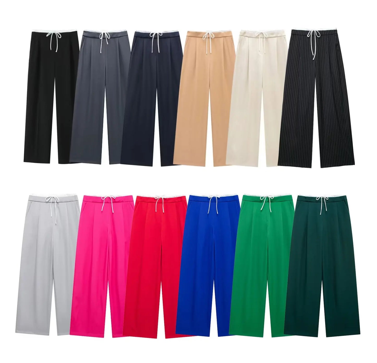 Women's new fashion bow decoration loose side pockets casual versatile striped pleated pants retro side zipper women's pants