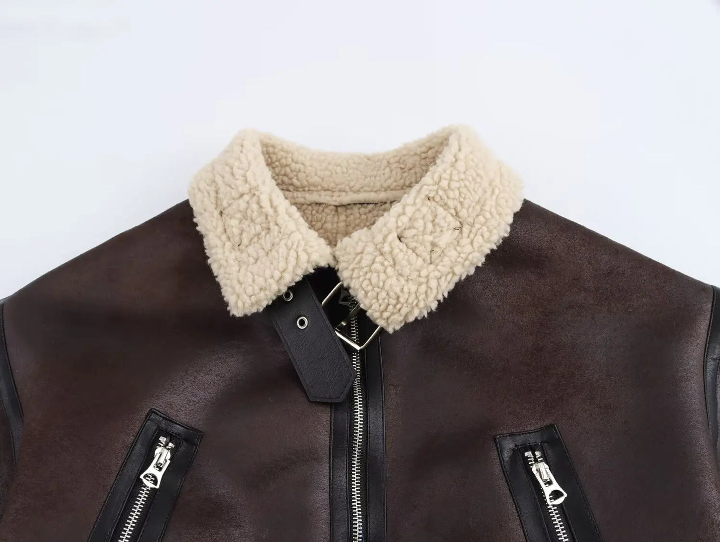 Women's winter fashion with belt double-sided short Fur Faux Leather jacket Coat retro long sleeved zipper women's Coat chic top