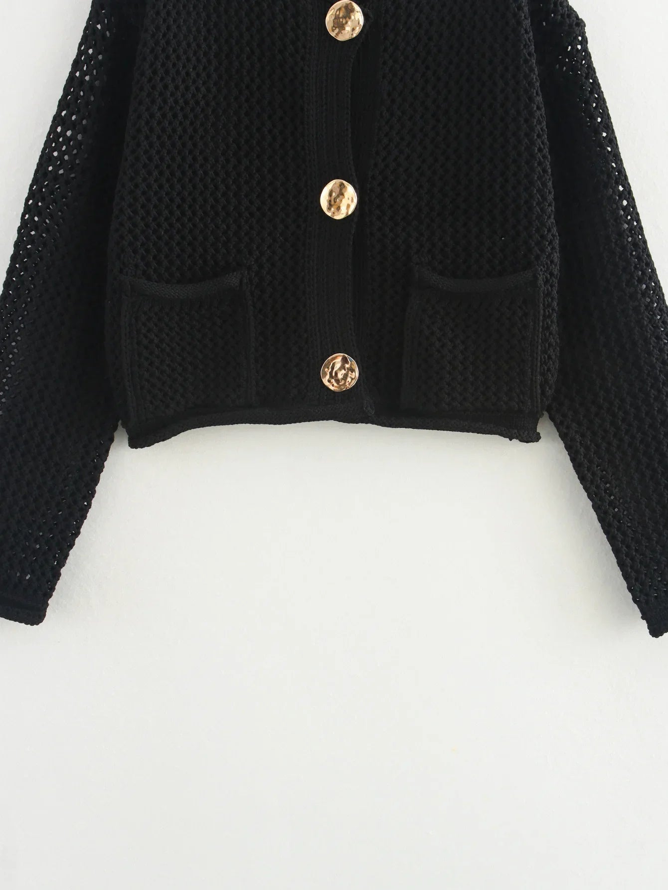 Women's new fashion pocket decoration casual single breasted short hollow knitted coat retro long sleeved women's coat chic top