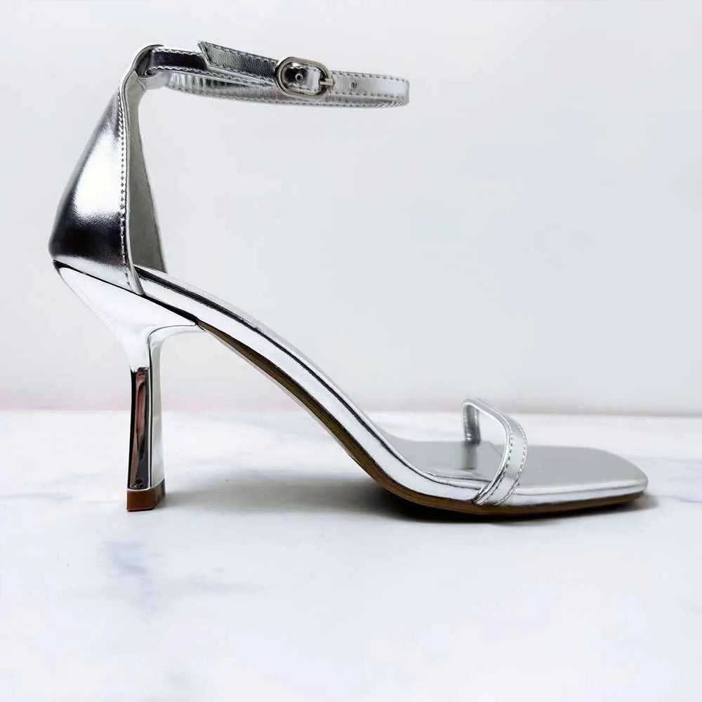 Summer New Women's Metal High-heeled Sandals With High-grade Sense Square Head and Silver Word With Women's Sandals.