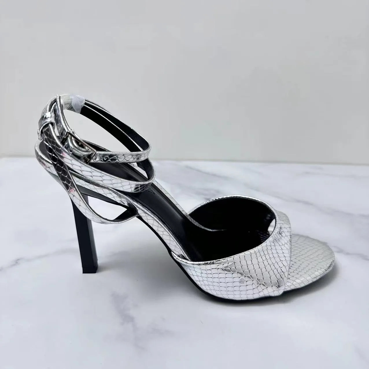 New 2024 Women's Shoes Fashion Temperament Silver Crack Ankle Strap Thin Round Head High-heeled Sandals Women.