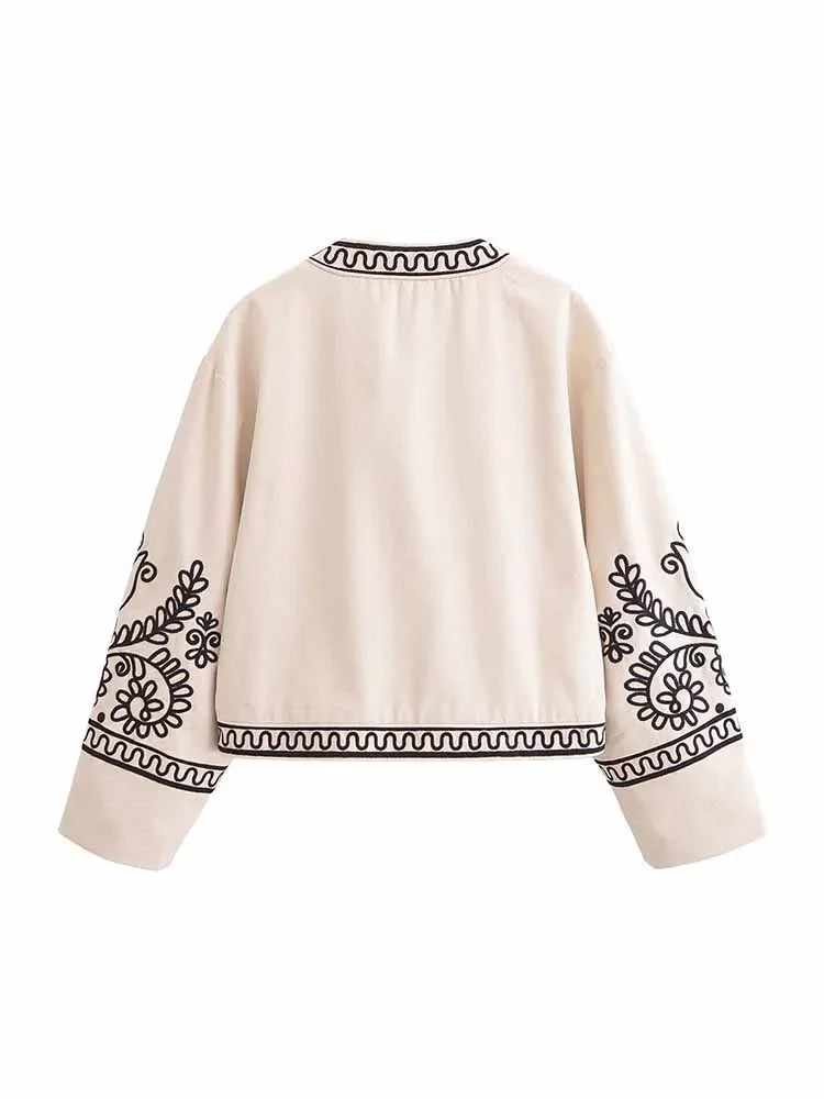 Women's new Fashion embroidery decoration casual short Open O-Neck jacket Coat retro long sleeved pocket women's Coat chic top