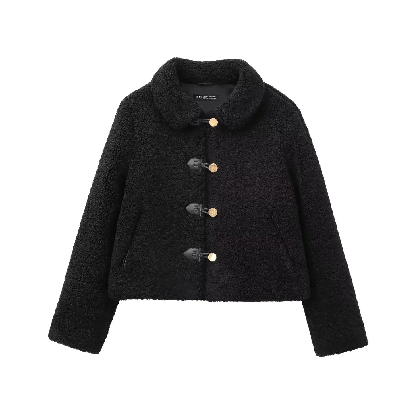 Women's new fashion warm short single breasted lapel fleece jacket coat retro long sleeved side pocket women's coat chic top