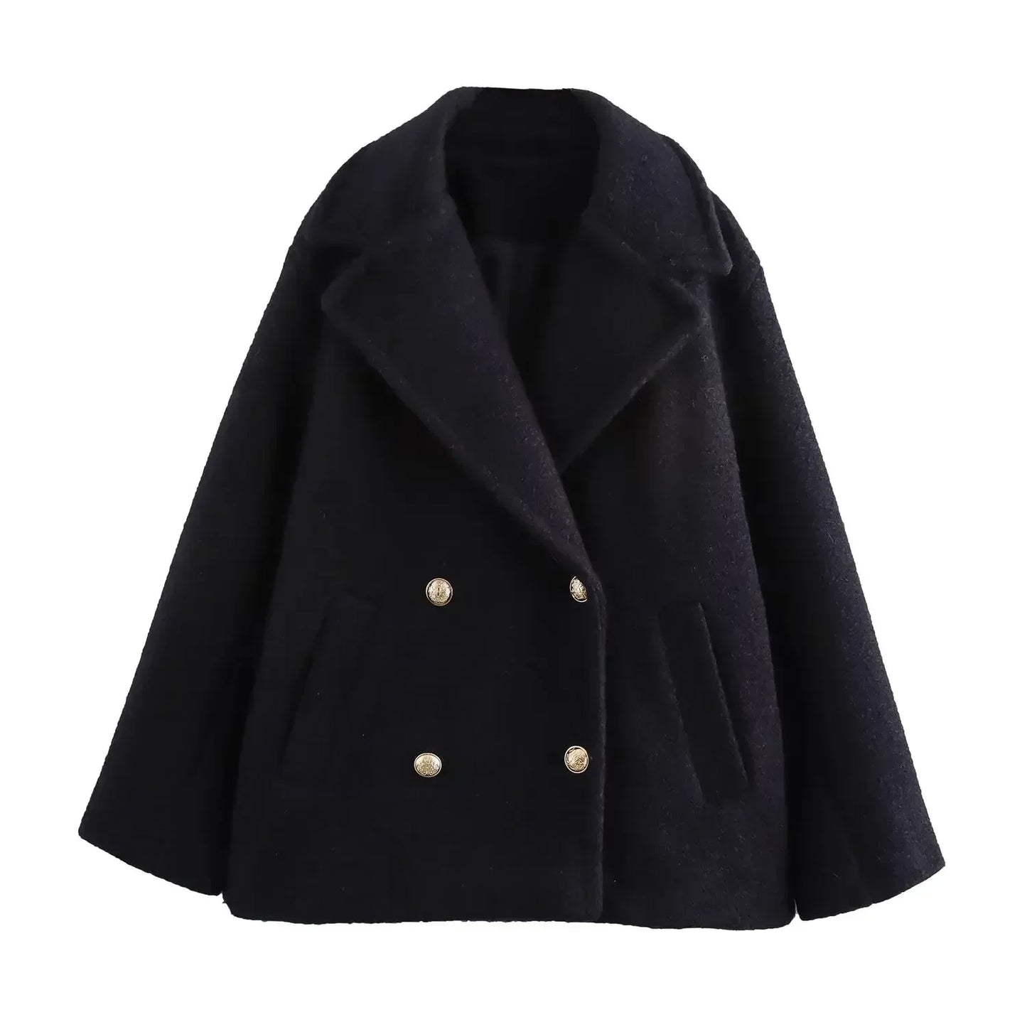 Women's new fashion loose double breasted warm lapel woolen jacket coat retro long sleeved side pocket women's coat chic top