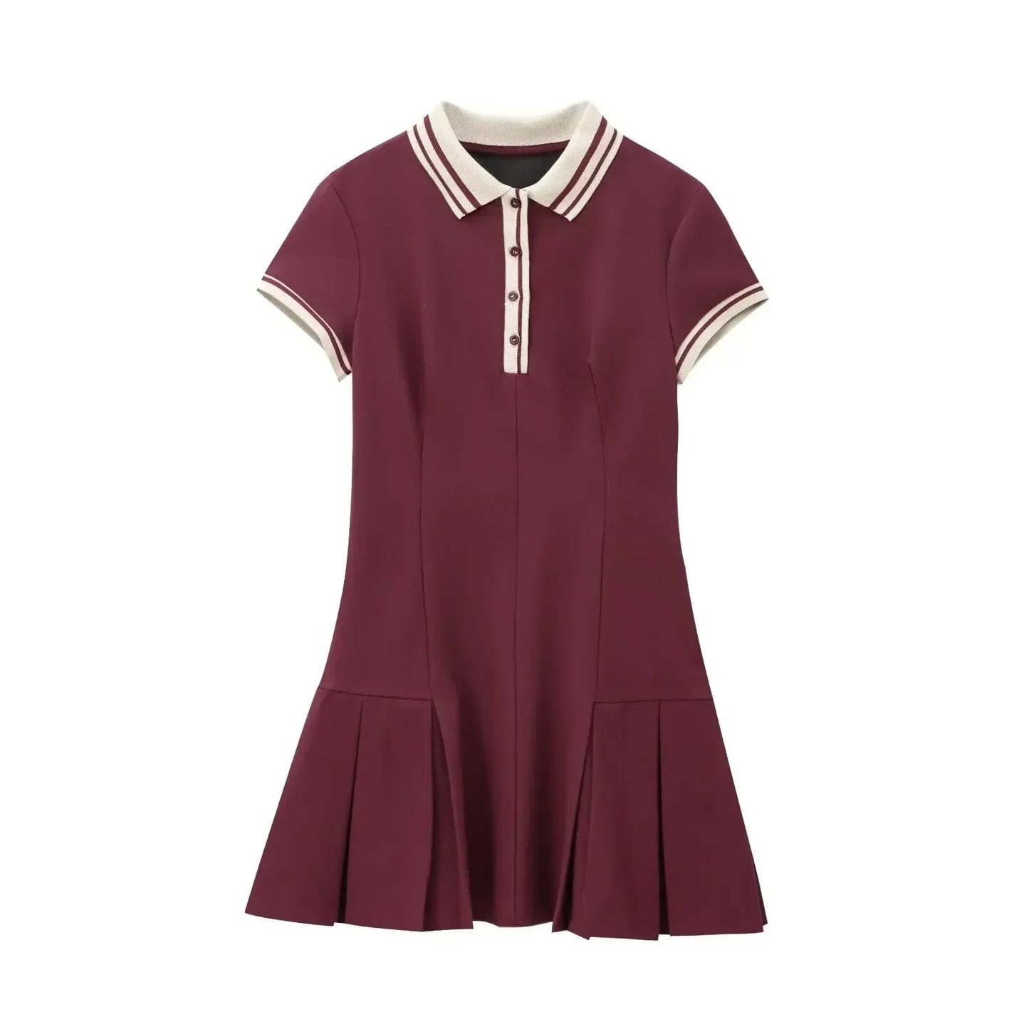 Women's 2024 New Fashion Color Contrast Splicing Ribbed Wide pleated Mini Dress Retro Short Sleeve Button up Women's Dress Mujer