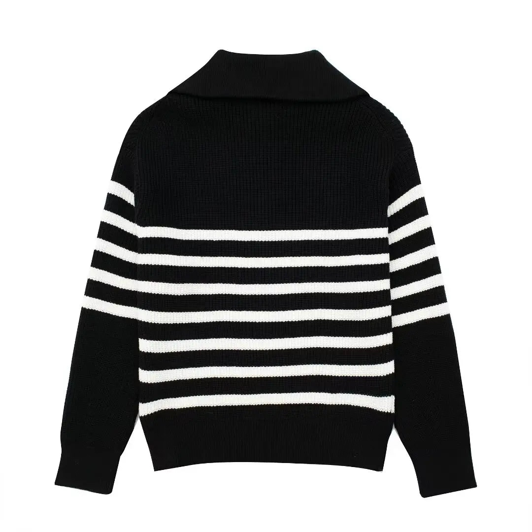 Women's New Fashion Zipper Decoration Casual Wool Blended Striped Knitted Sweater Retro Long Sleeve Women's Pullovers Chic Top