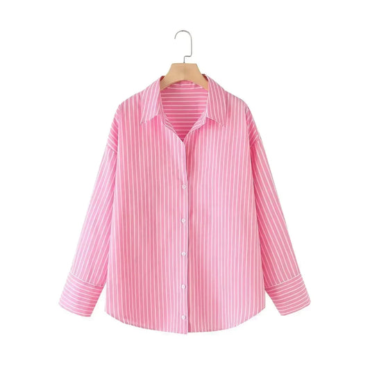 Women's 2024 New Fashion Loose Basic Style Cotton Striped Poplin Shirt Retro Long sleeved Button up Women's Shirt Top