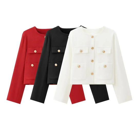 Women's 2024 new fashion gold button decoration casual short O Neck jacket coat retro long sleeved pocket women's coat chic top