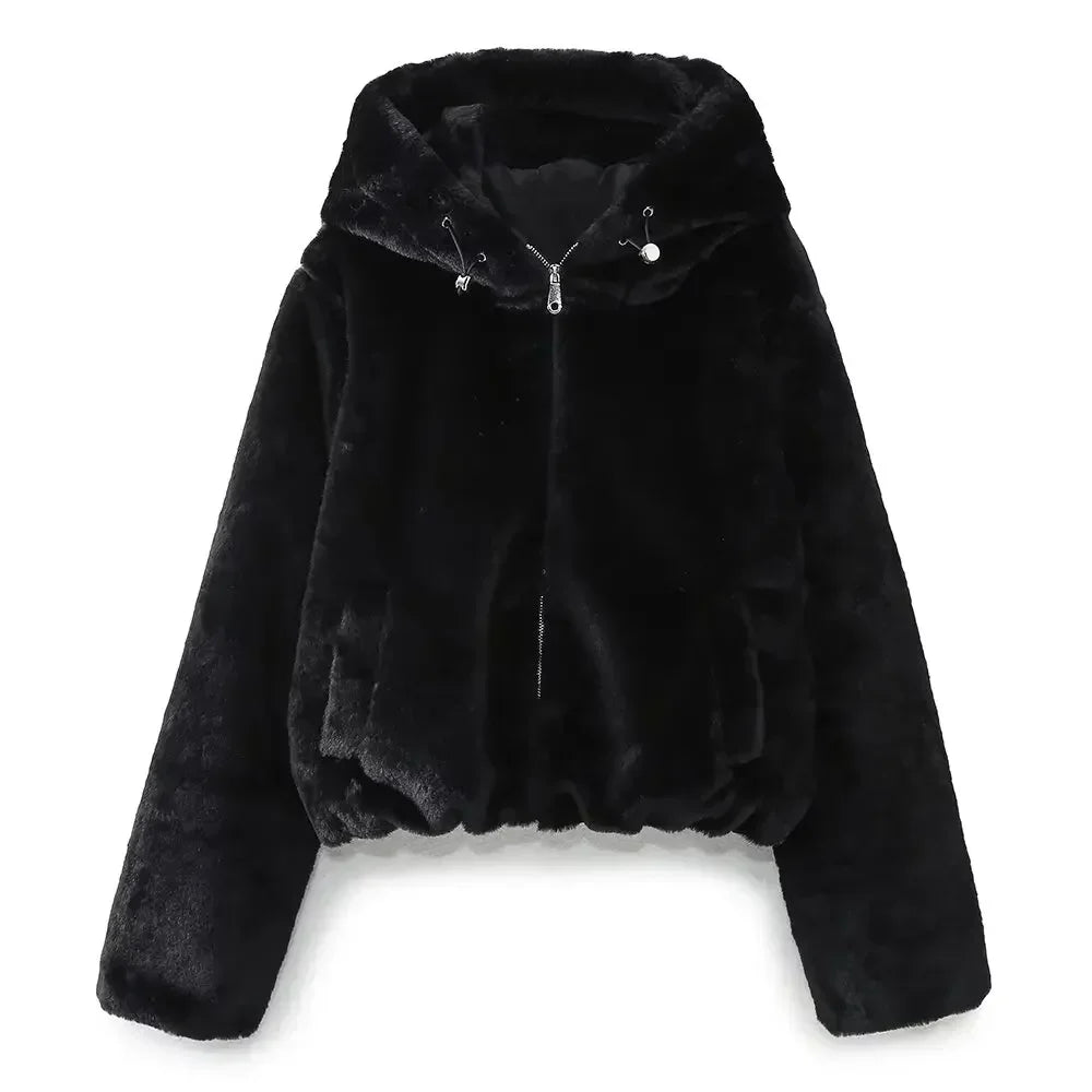 Women's winter fashion faux fur effect short thick warm hooded jacket Coat retro long sleeved side pocket women's Coat chic top