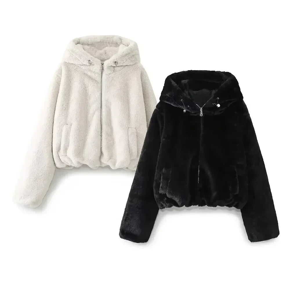 Women's winter fashion faux fur effect short thick warm hooded jacket Coat retro long sleeved side pocket women's Coat chic top