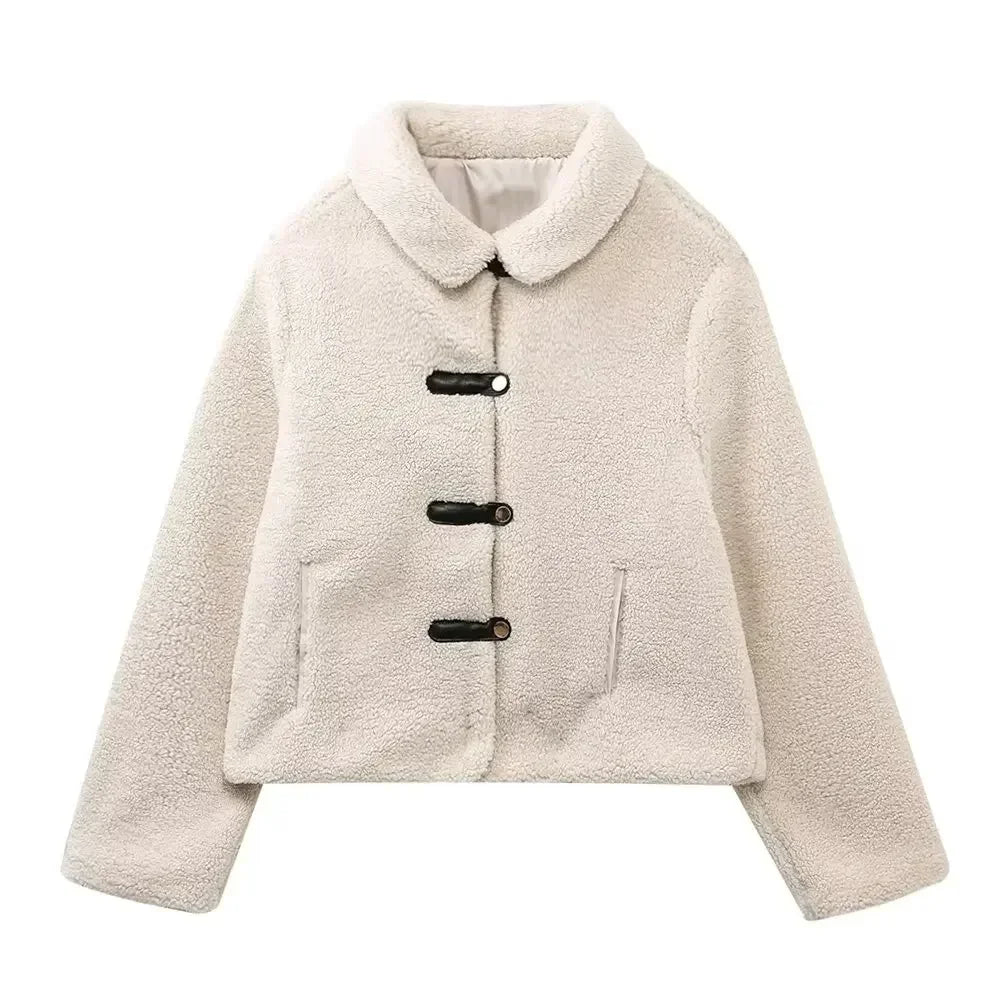 2024 new Fashion side pocket decoration casual short fleece jacket coat retro long sleeved button up women's coat Chic top