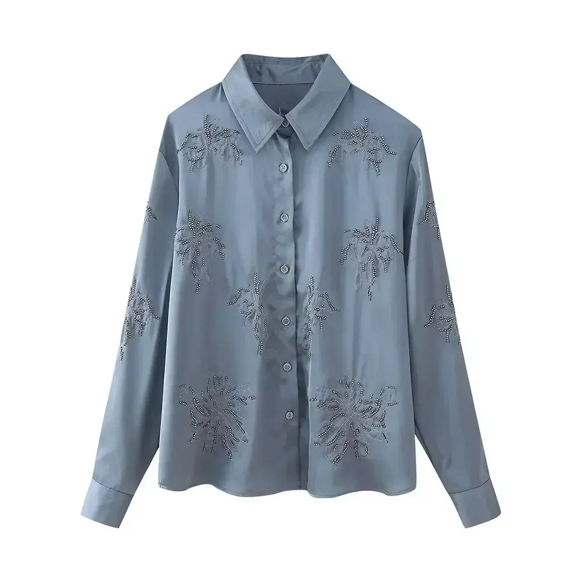 Women's new fashion beaded decoration casual lapel embroidered women's shirt retro long sleeved Button up women's shirt