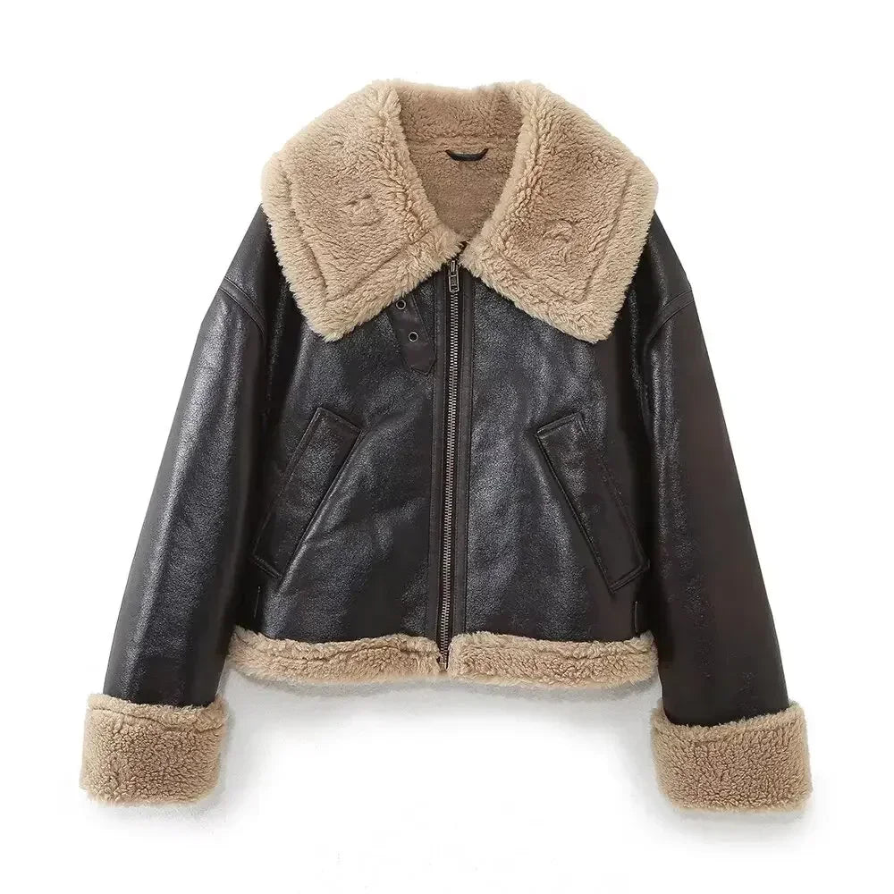 Women's new fashion short motorcycle style double-sided Fur Faux Leather jacket retro long sleeved Zipper women's Coat Chic top