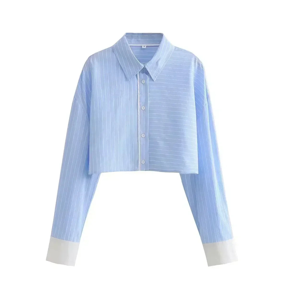 Women's new fashion casual short style contrasting striped lapel shirt retro long sleeved button up women's shirt chic top