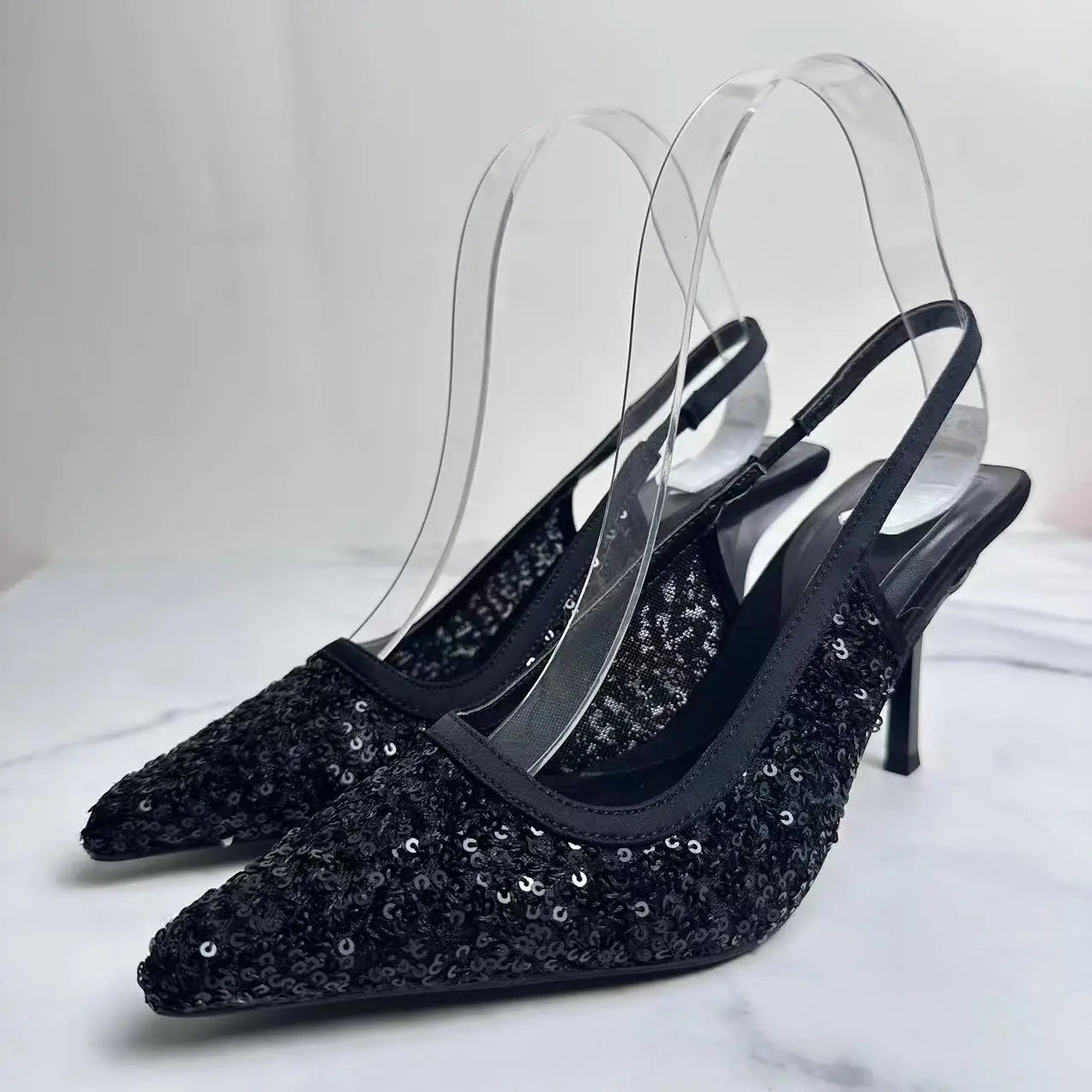 New 2024 Women's Shoes Fashion Temperament Black Beaded Dew With High Heels Pointed Fashion Joker Sandals.