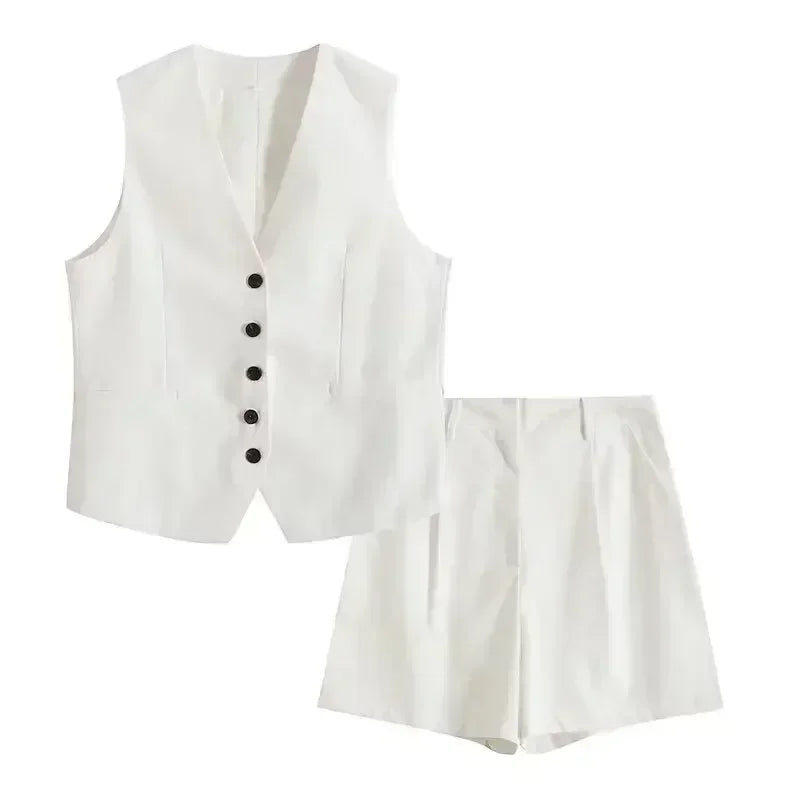 Women New Fashion Linen Cropped Customized Casual Vest Vintage V Neck Button-up Female Waistcoat Chic Tops + shorts Women's suit