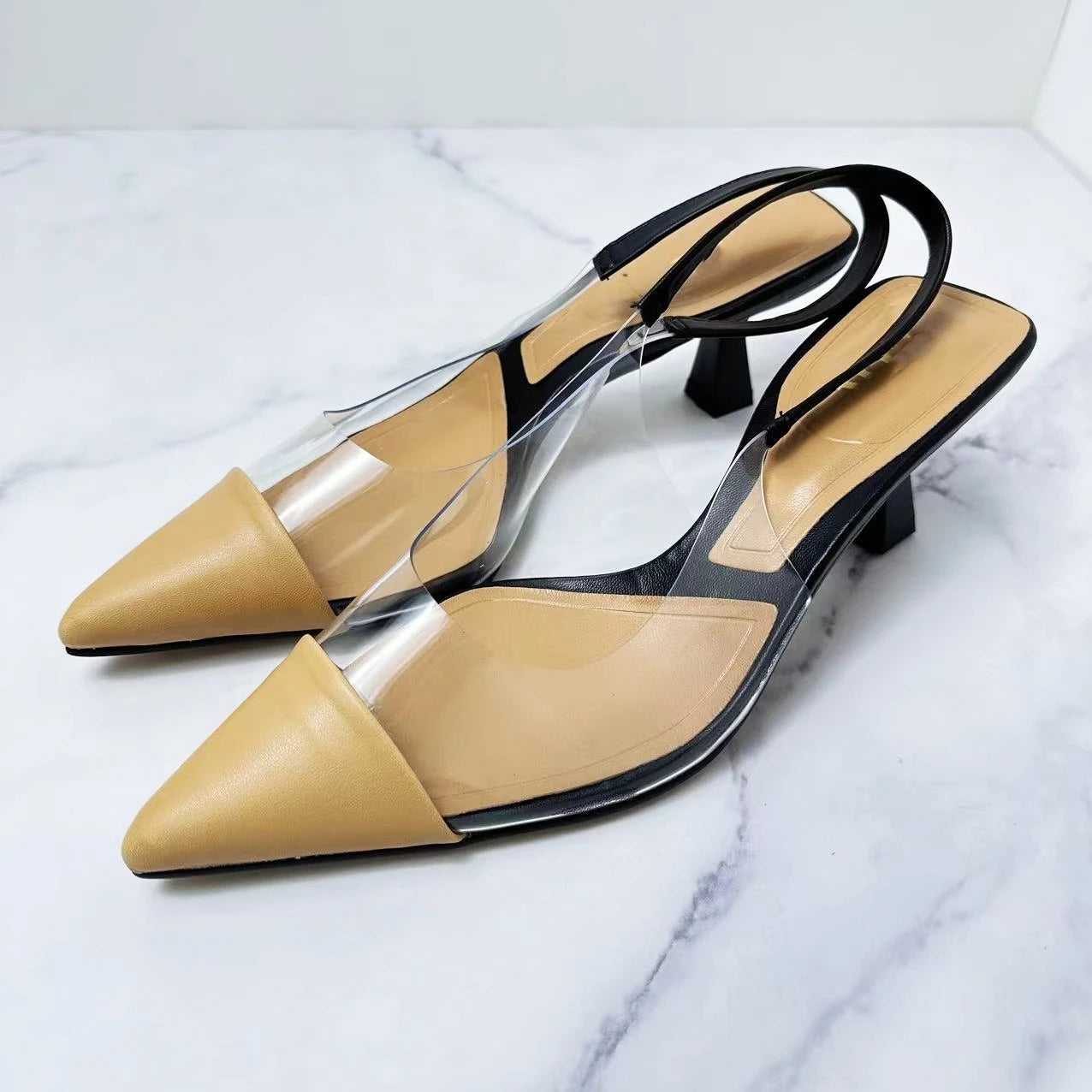 New 2024 Women's Shoes Fashion Women's Shoes High Heels Color Matching Fashion Pointy Leather Stitching Baotou High Heels