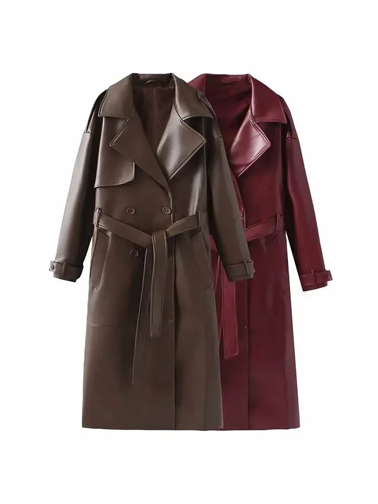 Women's new fashion with belt loose long style faux leather windbreaker coat retro long sleeved Button-up women's coat chic top