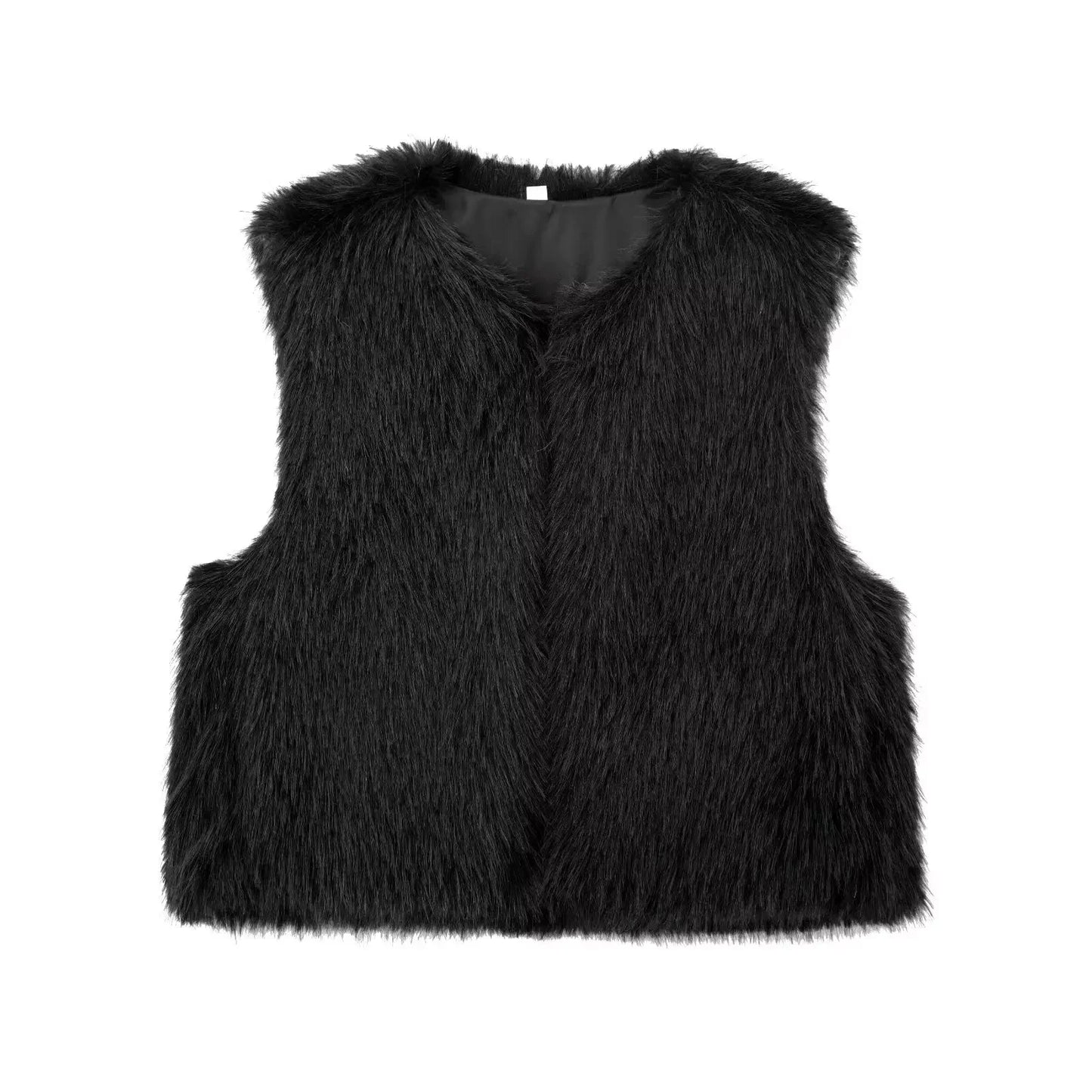 Women's new fashion faux fur effect casual short O-Neck open fleece vest retro sleeveless side pocket women's vest chic top