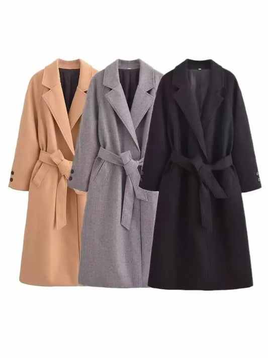 Women's Winter fashion with belt loose long style Lapel warm woolen coat retro long sleeved side pocket women's coat chic top