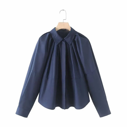 Women's new fashion pleated decoration casual versatile Lapel poplin shirt retro long sleeved button up women's shirt chic top