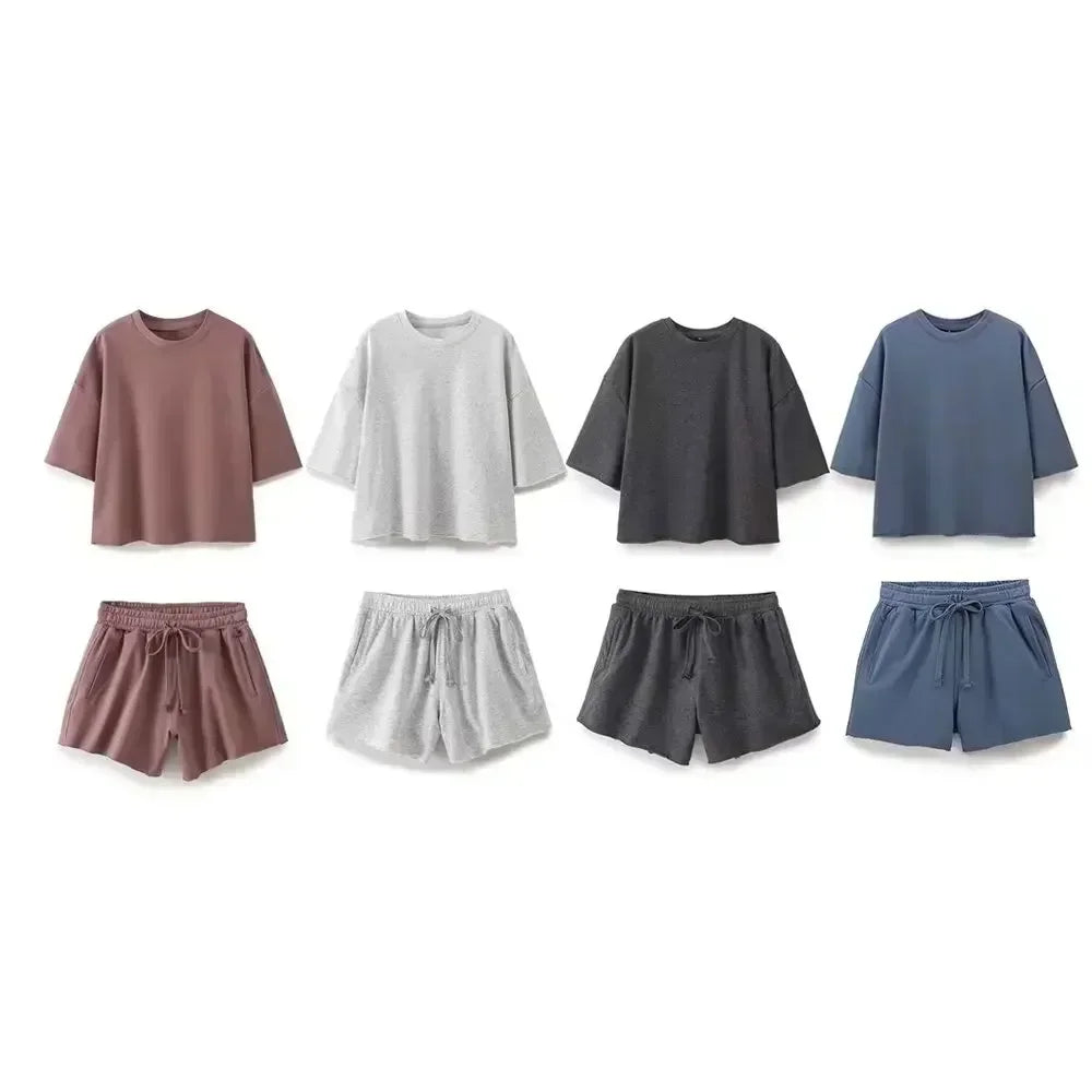 Women's New Fashion Loose O Neck Ribbed Velvet Sweatshirts Vintage Short Sleeve Women's Pullovers Chic Top+shorts Women's suit