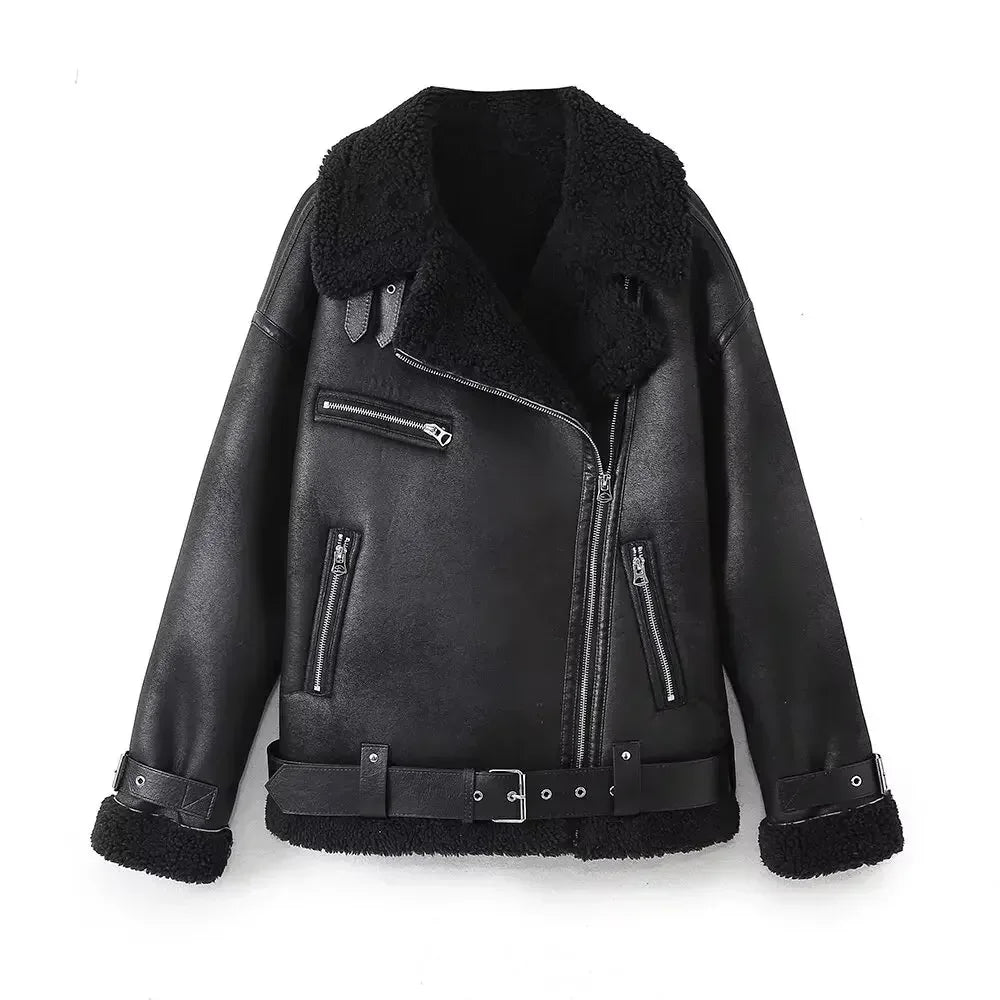 Women's New Fashion Zipper Pocket Decoration Loose Double sided Fur Faux Leather Jacket Retro Long Sleeve Women's Coat Chic Top