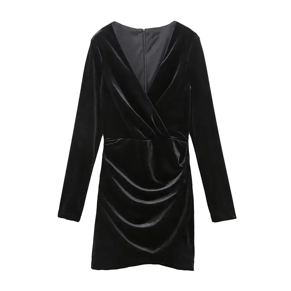 Women's 2024 new Chic fashion pleated decoration black slim V Neck velvet mini dress retro long sleeved women's dress Mujer