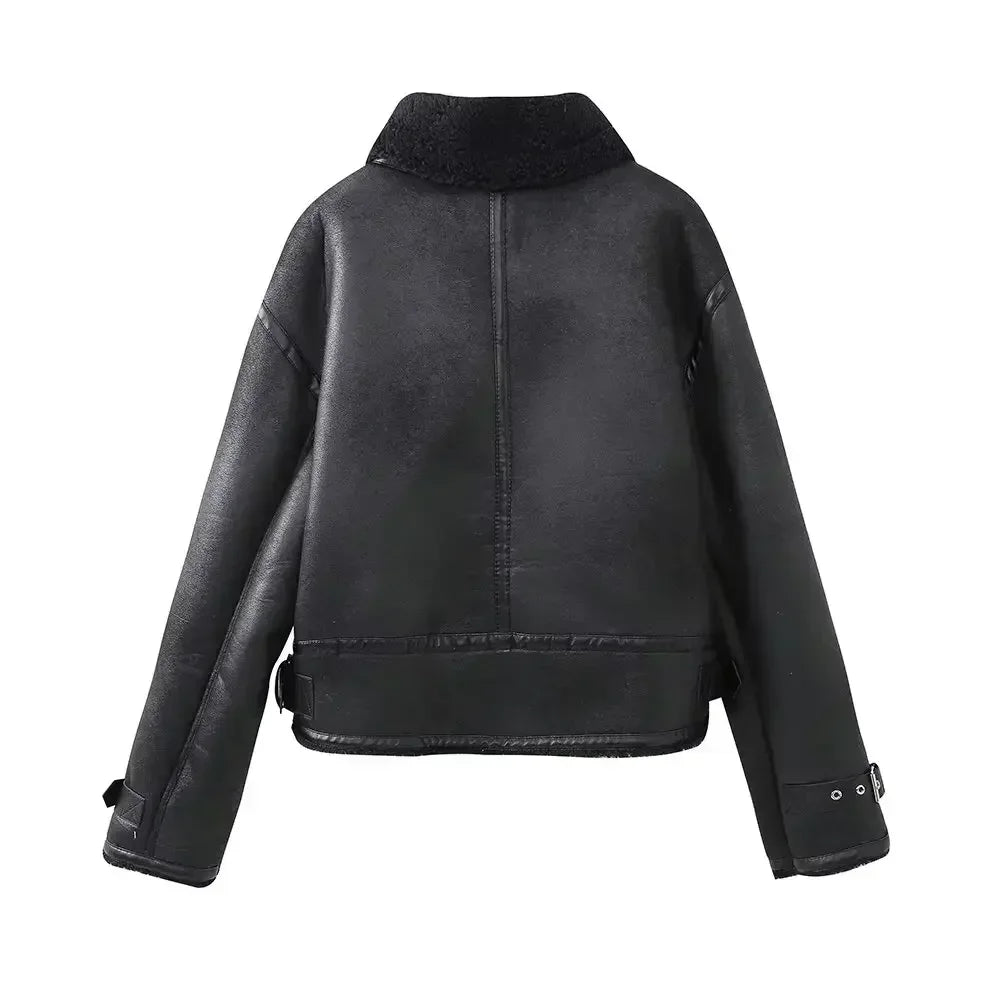 Women's New fashion With belt black double-sided Fur Faux Leather jacket retro long sleeved Zipper pocket women's Coat chic top