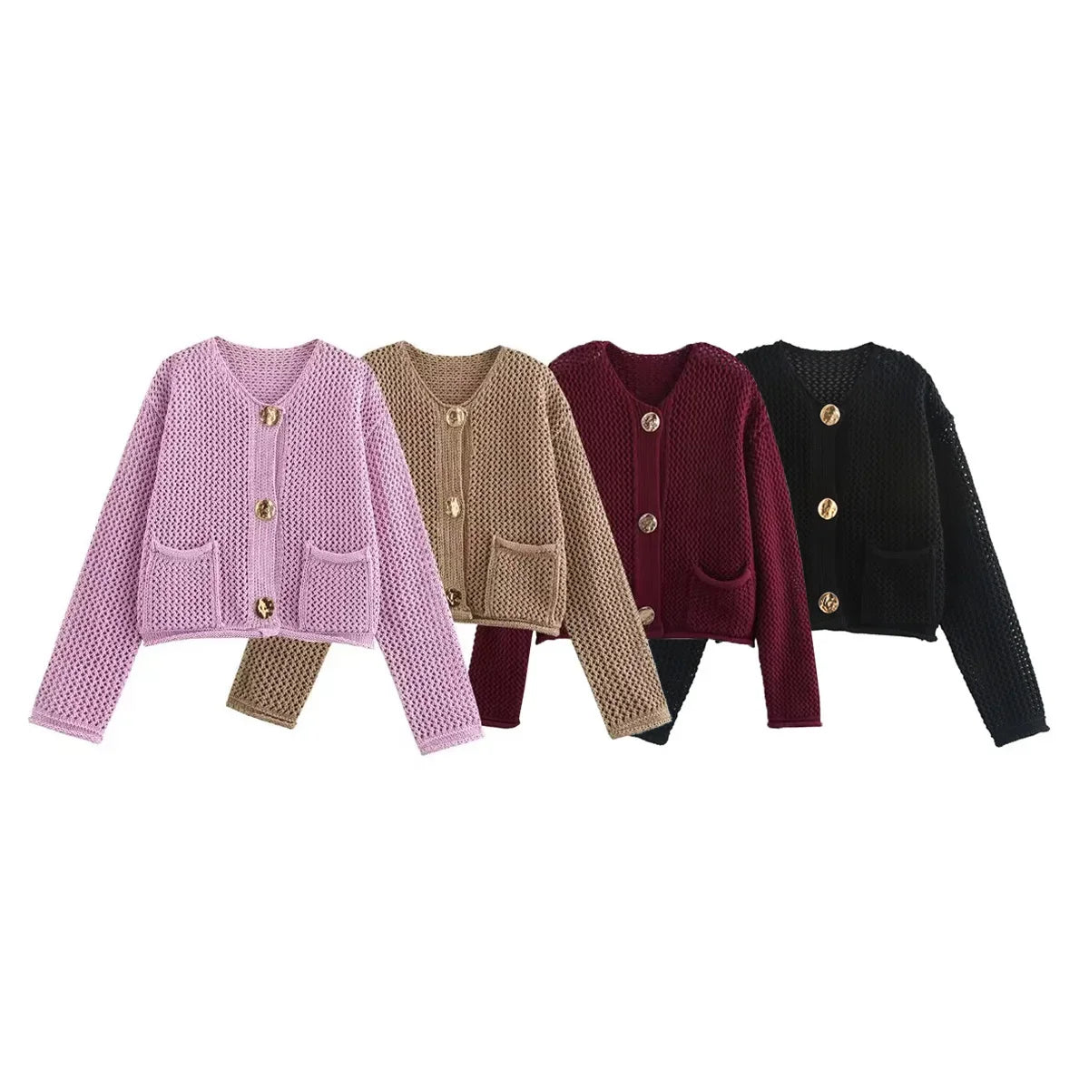 Women's new fashion pocket decoration casual single breasted short hollow knitted coat retro long sleeved women's coat chic top