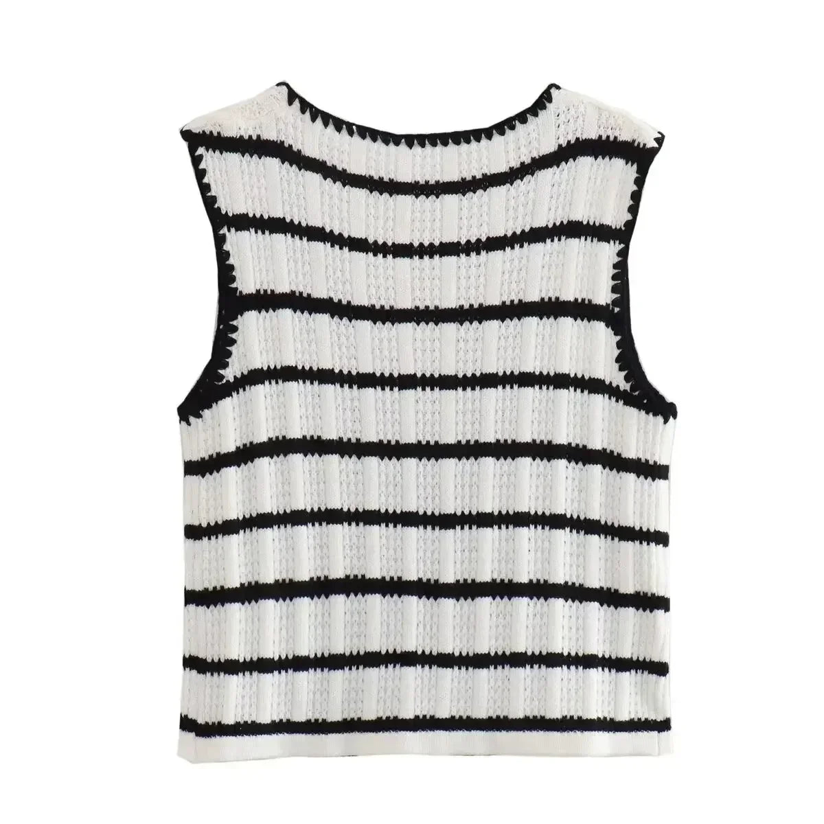 Women's 2024 new fashion slim short V Neck Crochet knitting striped vest top retro sleeveless lace up women's vest chic top