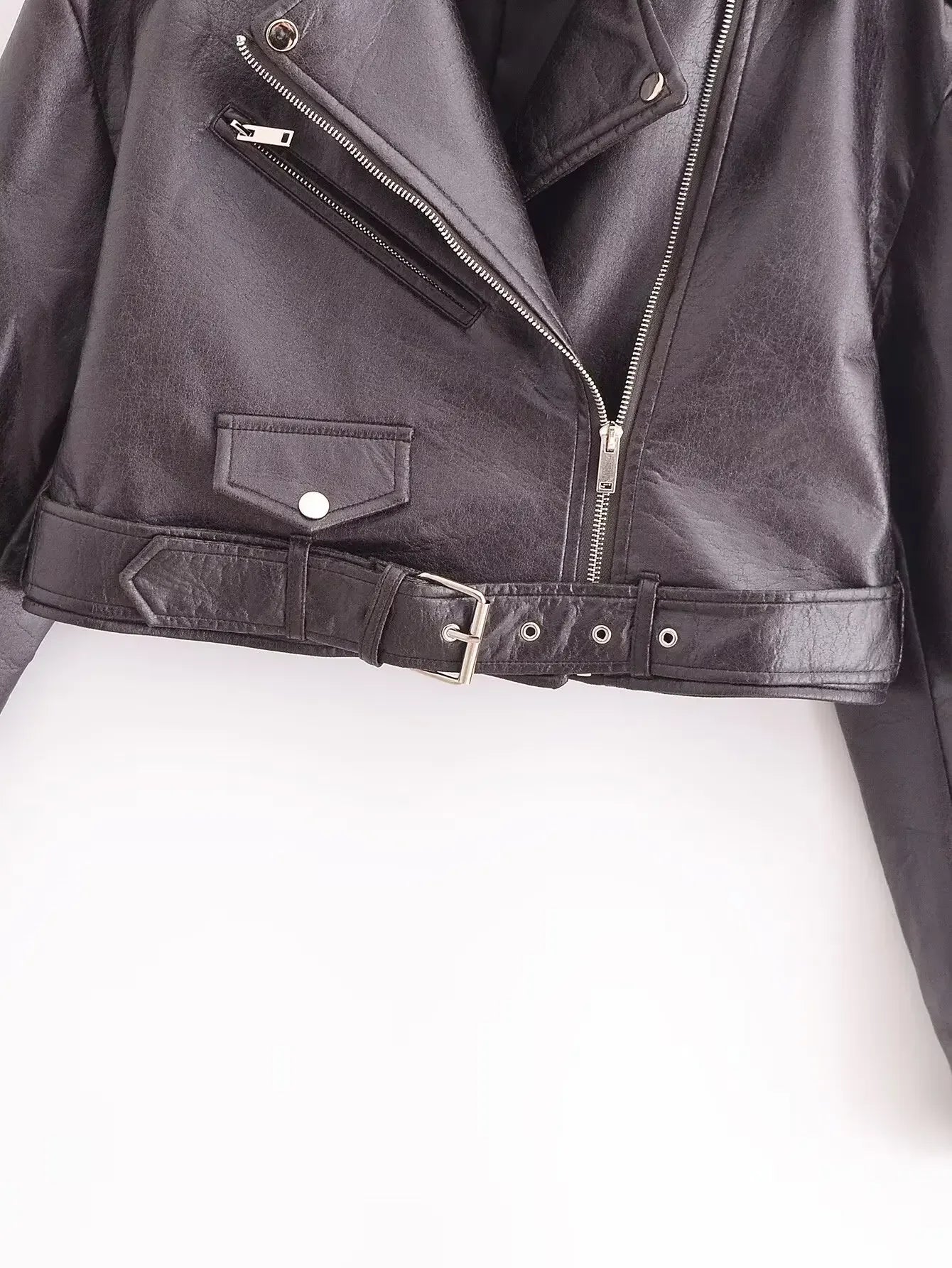 Women's New Fashion With Belt Black Slim Short Faux Leather Jacket Coat Retro Long Sleeve Zipper Pocket Women's Coat Chic Top