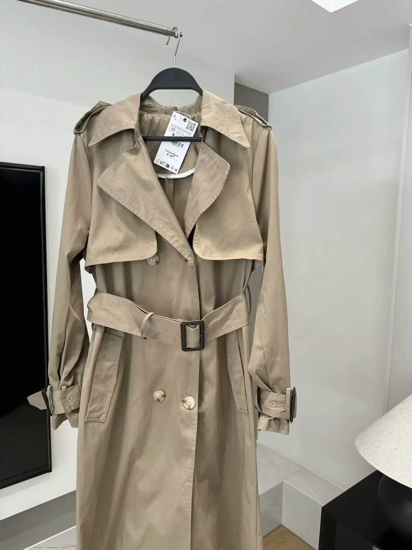 Women's new Fashion With belt casual double breasted cotton Trench coat retro long sleeved side pocket women's coat chic top