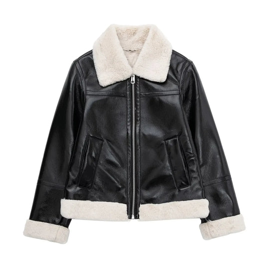 Women's Winter Fashion side pocket black casual double-sided Fur Faux Leather jacket retro long sleeved women's Coat chic top