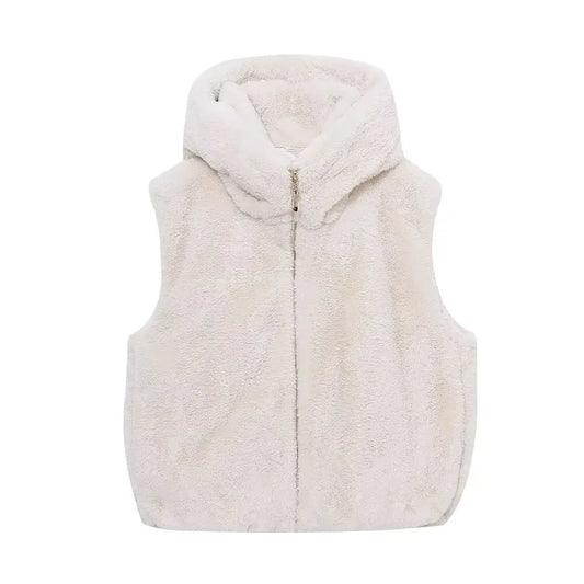 Women's new fashion faux fur effect casual warm hooded fleece vest coat retro sleeveless zipper women's vest chic top