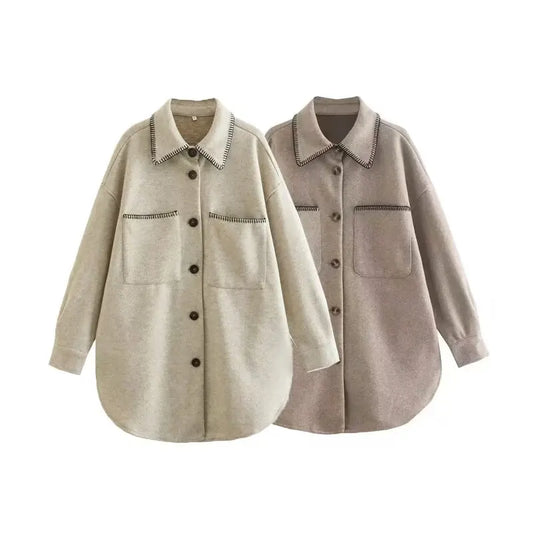 Women's new Fashion pocket decoration loose single breasted long style woolen coat retro long sleeved women's coat chic top